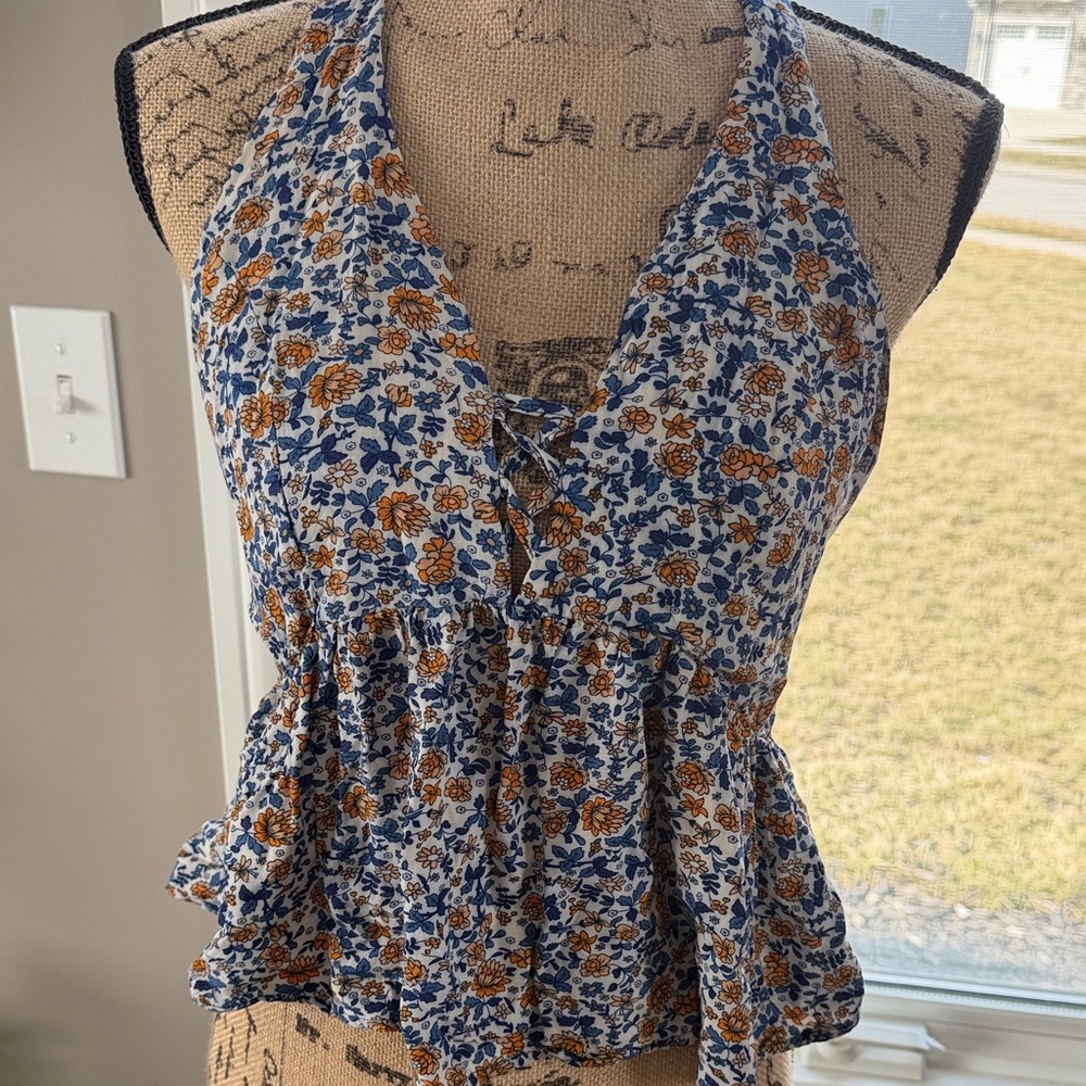 Elegant Floral Halter Blouse - Blue and Orange